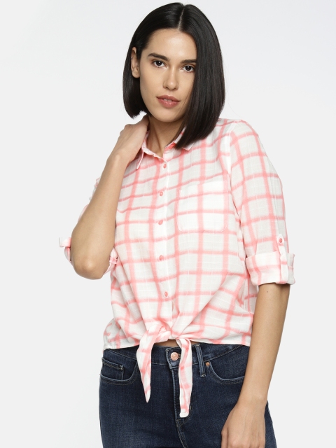 

Fame Forever by Lifestyle Women Coral Pink & White Checked Cropped Casual Shirt