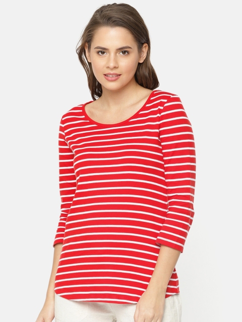 

Fame Forever by Lifestyle Women Red Striped Round Neck Pure Cotton T-shirt