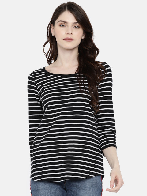 

Fame Forever by Lifestyle Women Black & White Striped Round Neck T-shirt