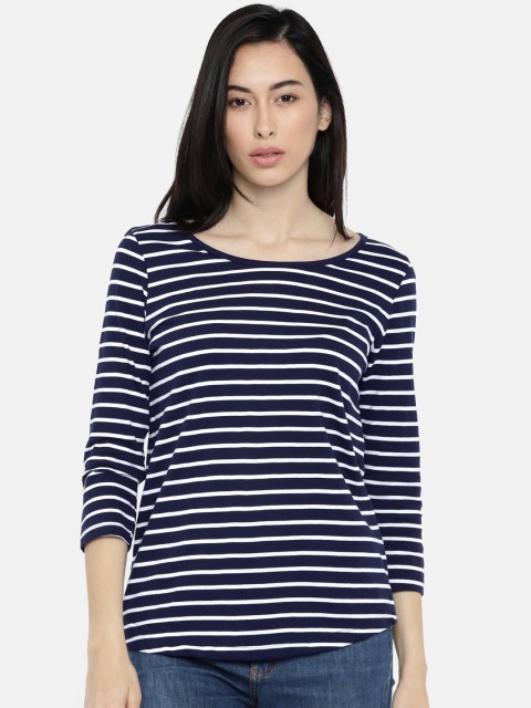 

Fame Forever by Lifestyle Women Navy Blue & White Striped Round Neck T-shirt