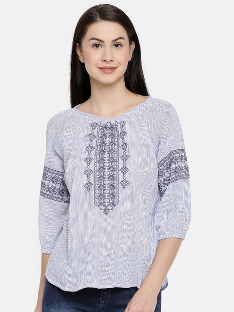 

Fame Forever by Lifestyle Women White & Navy Blue Striped Top