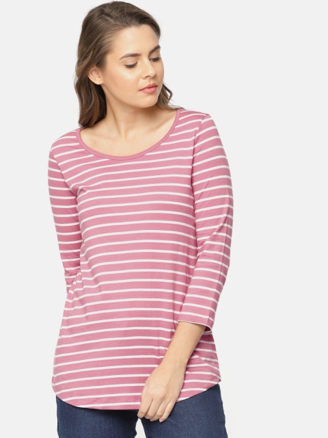 

Fame Forever by Lifestyle Women Mauve Striped Round Neck T-shirt