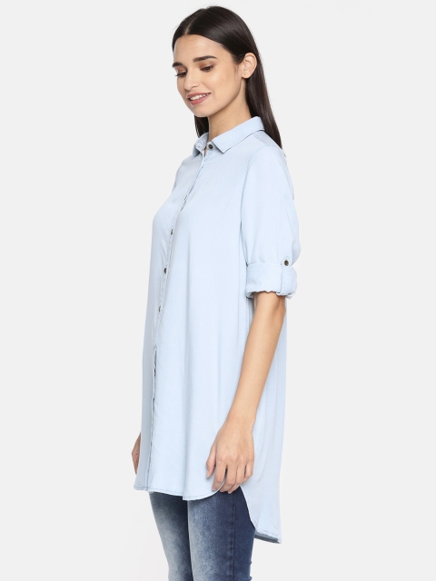 

Fame Forever by Lifestyle Women Blue Regular Fit Solid Chambray Longline Casual Shirt