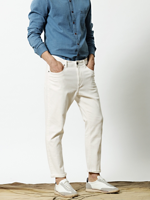 

Mr Bowerbird Men White Mid-Rise Clean Look Cropped Tapered Fit Jeans
