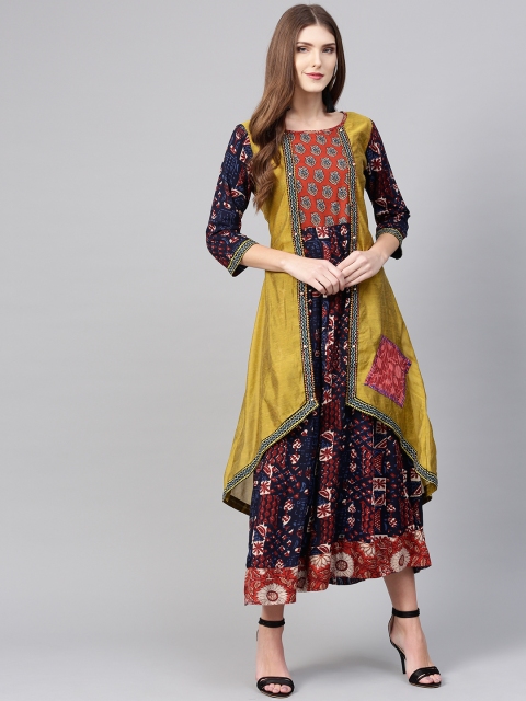 

ANAISA Women Navy Blue Printed Layered Maxi Dress