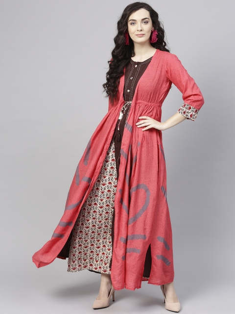 

ANAISA Women Brown & Coral Pink Printed Maxi Dress With Jacket