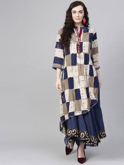 

ANAISA Women Navy Blue & Beige Printed Layered Maxi Dress