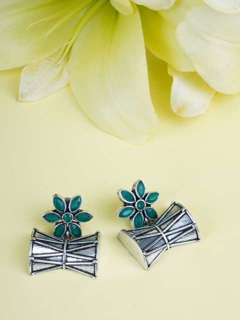 

FIROZA Oxidised Silver-Toned & Green Classic Drop Earrings