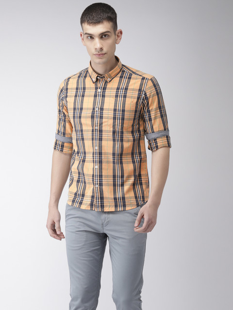 

Flying Machine Men Orange & Navy Blue Regular Fit Checked Casual Shirt