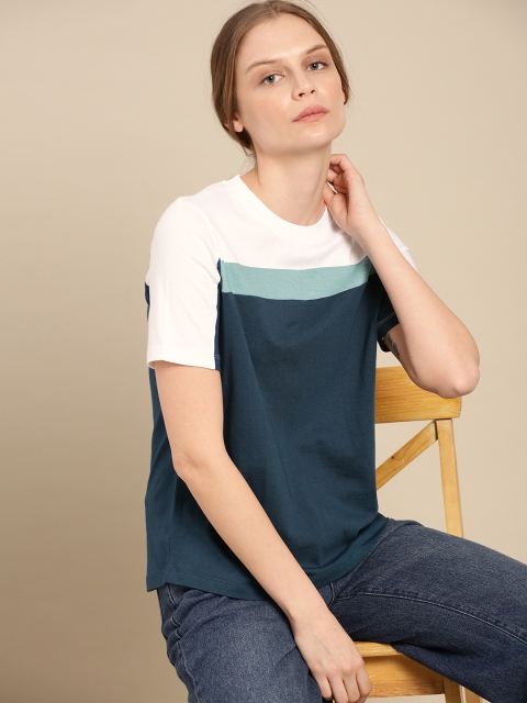 

ether Women Teal Blue & White Colourblocked Round Neck T-shirt