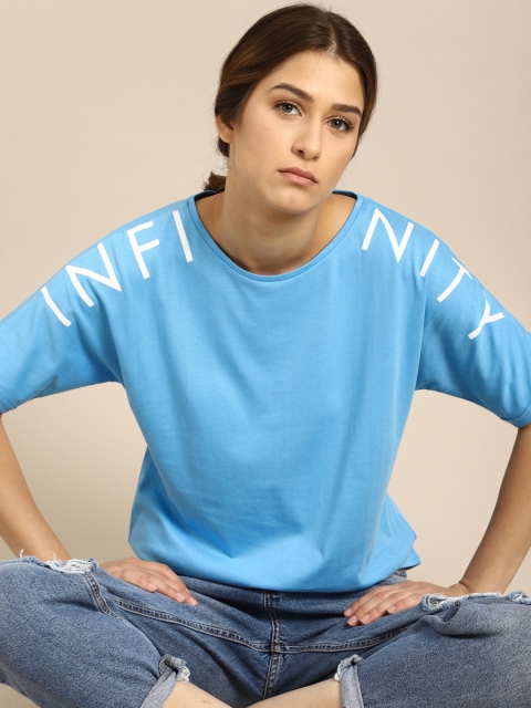 

ether Women Blue Solid Round Neck T-shirt