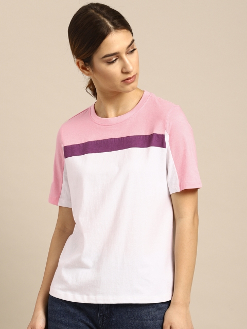 

ether Women White Colourblocked Round Neck T-shirt