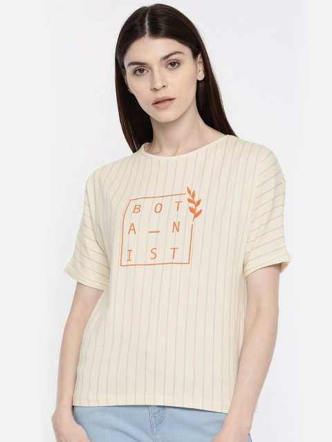 

ether Women Cream-Coloured Striped Round Neck T-shirt