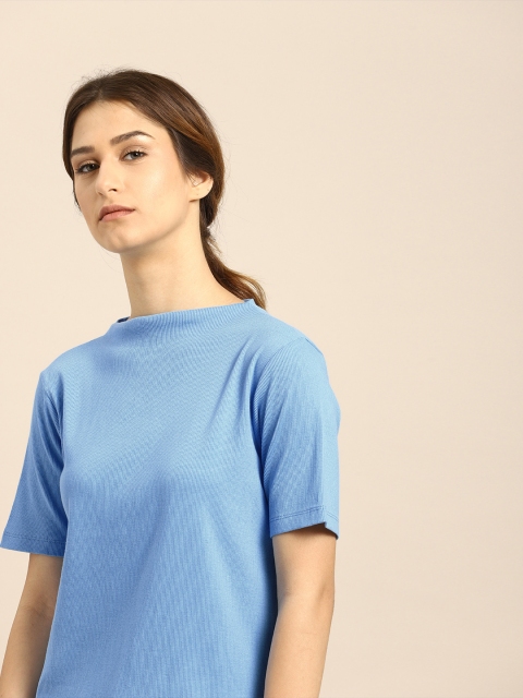 

ether Women Blue Solid Round Neck T-shirt