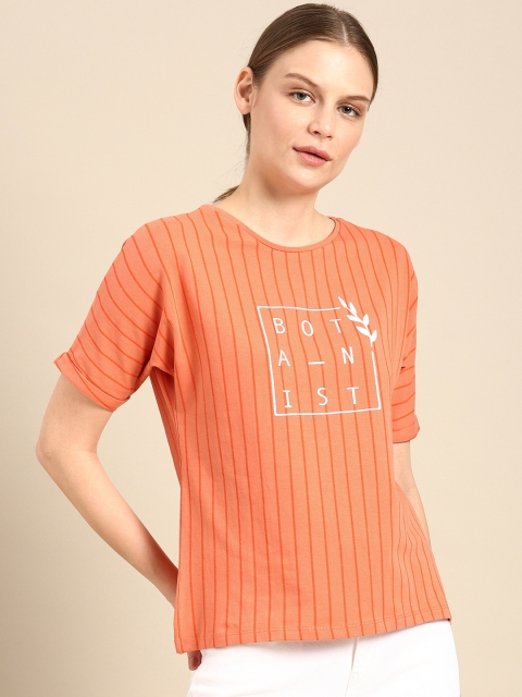 

ether Women Orange Striped Round Neck T-shirt