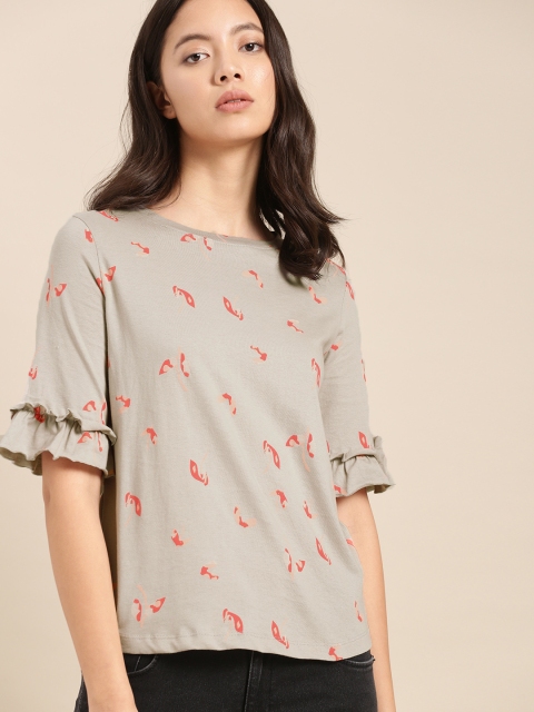 

ether Women Grey & Orange Printed Top