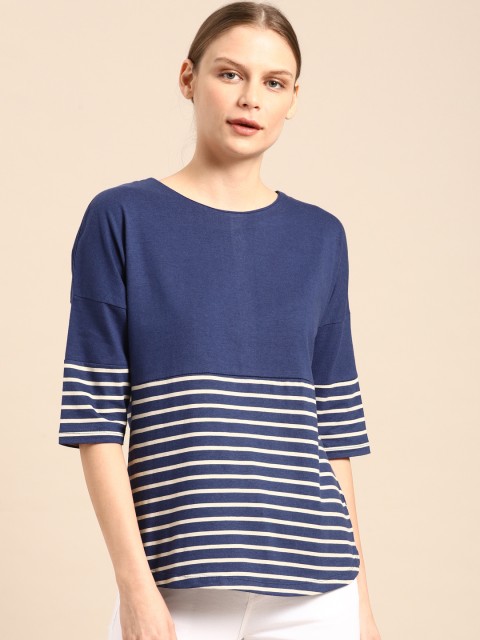 

ether Women Navy Blue Striped Round Neck T-shirt