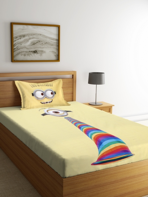 

SPACES Yellow Cartoon Characters Flat 180 TC 1 Single Bedsheet with 1 Pillow Cover