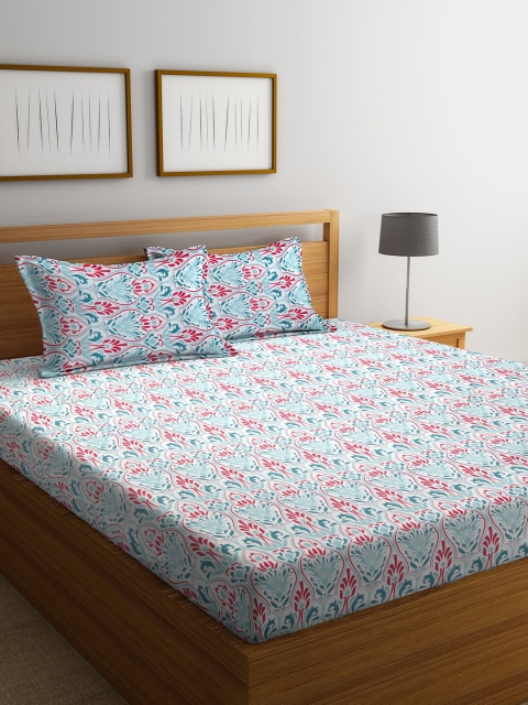 

CORE Designed by SPACES White & Green Ethnic Motifs Flat 110 TC Cotton 1 Queen Bedsheet with 2 Pillow Covers