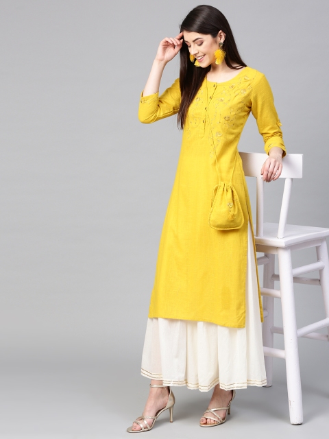 

Ishin Women Mustard Yellow & Off-White Yoke Design Kurta with Palazzos