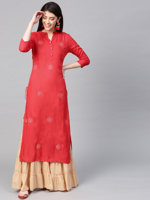 

Ishin Women Coral Red & Beige Embroidered Kurta with Sharara