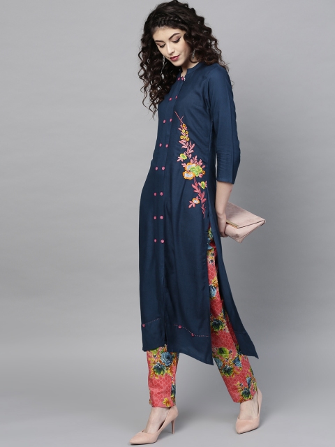 

Ishin Women Navy & Coral Pink Solid Kurta with Palazzos, Navy blue