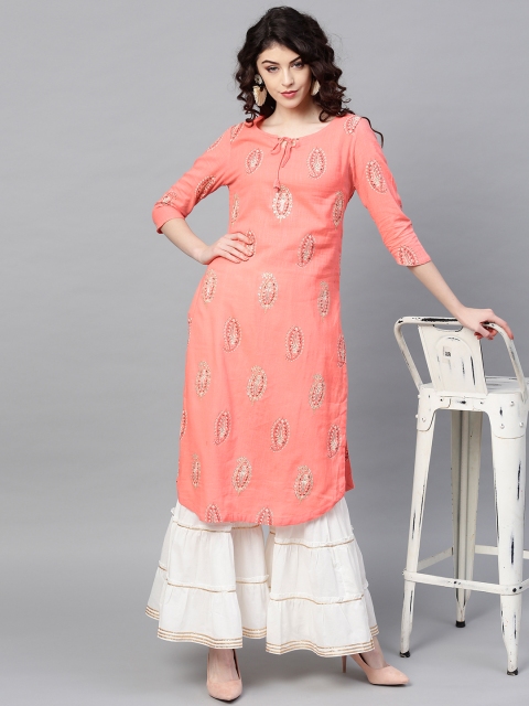 

Ishin Women Peach-Coloured & Off-White Printed Kurta with Sharara