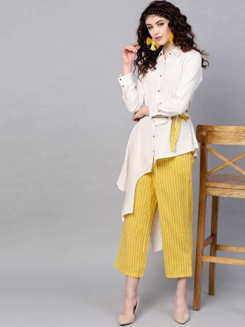 

Ishin Women Off-White & Yellow Solid Shirt with Trousers
