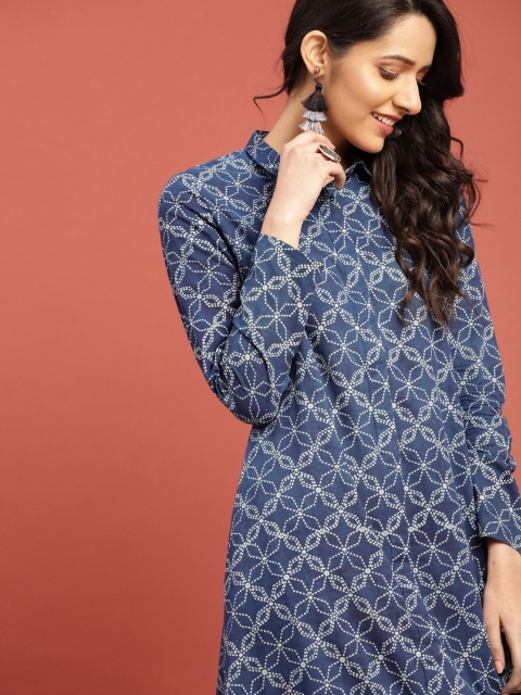 

Taavi Women Navy Blue & Off-White Indigo A-Line Sustainable Dress with Pockets & Gathers