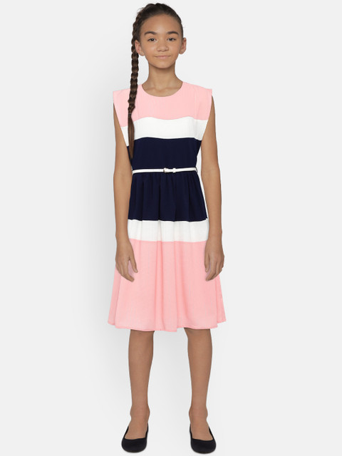 

Peppermint Girls Pink & Navy Blue Colourblocked Fit and Flare Dress