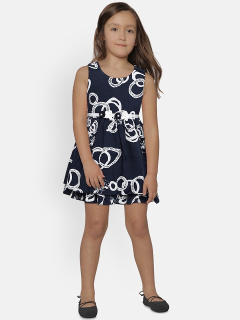 

Peppermint Girls Navy Blue & White Printed Fit and Flare Dress