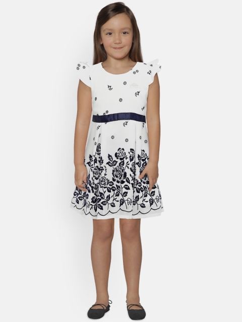 

Peppermint Girls Off-White & Blue Self Design Fit and Flare Dress