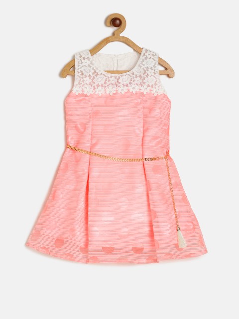 

Peppermint Girls Peach-Coloured Self Design Fit and Flare Dress
