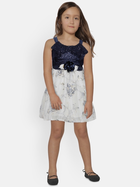 

Peppermint Girls Navy Blue & Off-White Printed Fit and Flare Dress