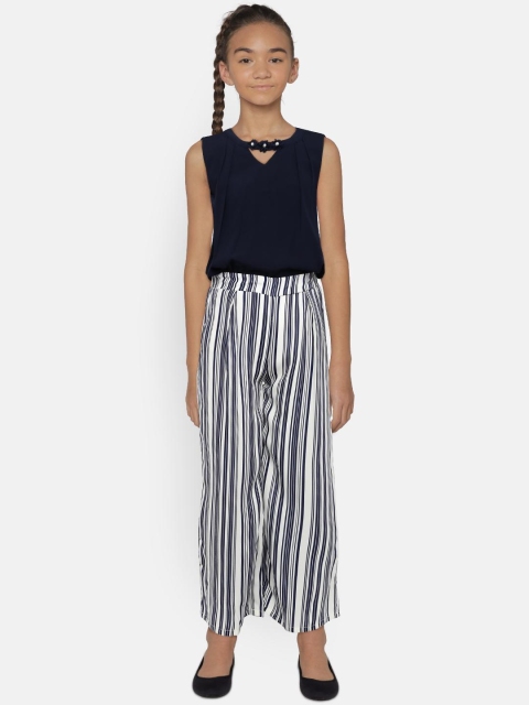 

Peppermint Girls Navy Blue & Off-White Printed Basic Jumpsuit