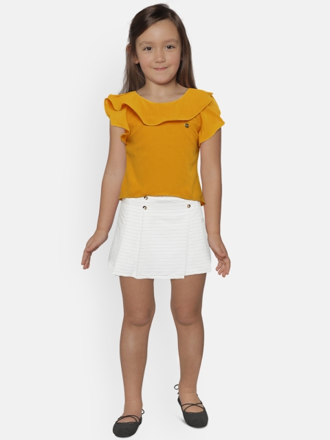 

Peppermint Girls Mustard & Off-White Solid Top with Skirt