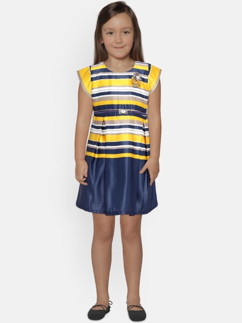 

Peppermint Girls Navy Blue & Yellow Striped Fit and Flare Dress