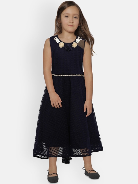 

Peppermint Girls Navy Blue Self Design Fit and Flare Dress