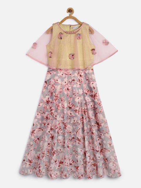 

Peppermint Girls Gold-Toned & Pink Printed Fit and Flare Dress