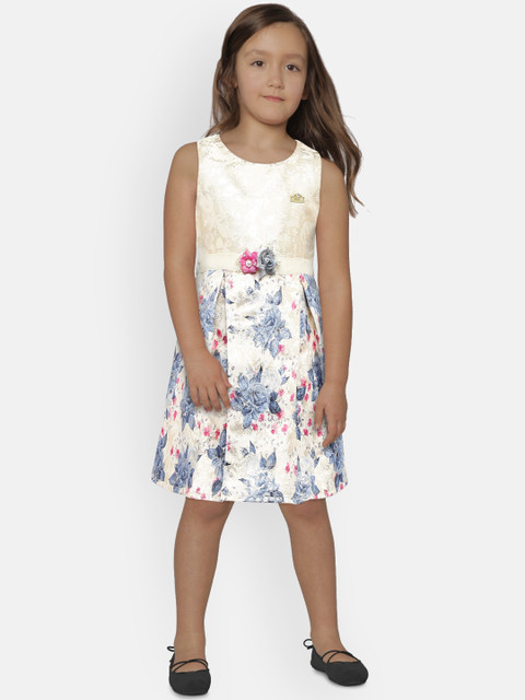 

Peppermint Girls Beige & Blue Printed Fit and Flare Dress