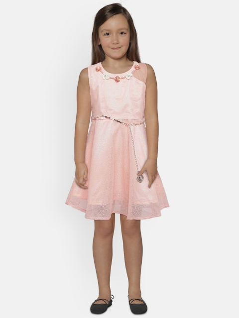 

Peppermint Girls Peach-Coloured Self Design Fit and Flare Dress