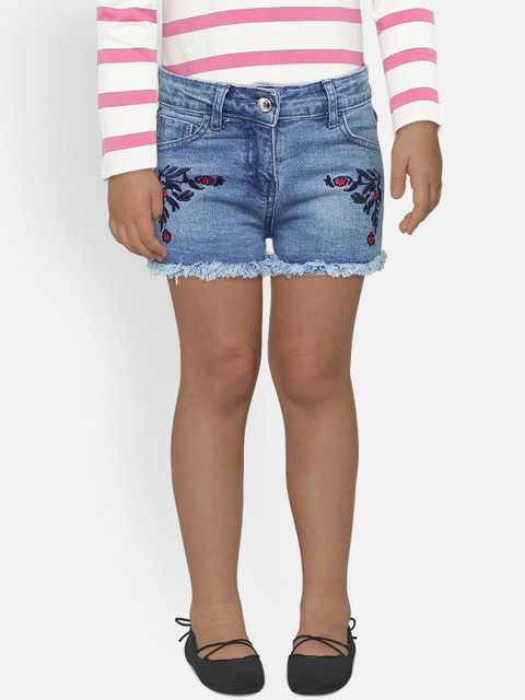 

Peppermint Girls Blue Embroidered Regular Fit Denim Shorts