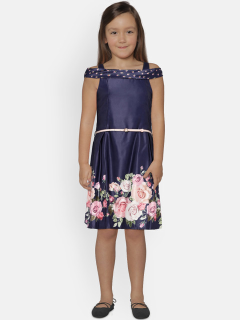 

Peppermint Girls Navy Blue & Peach-Colored Printed Fit and Flare Dress