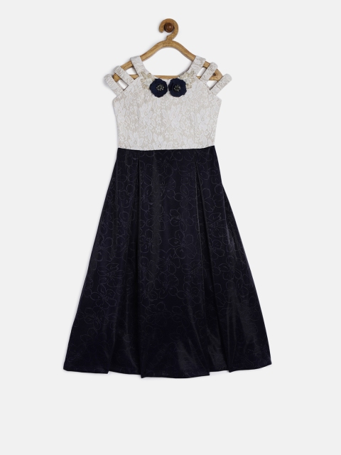 

Peppermint Girls Off-White & Navy Blue Self-Design Maxi Dress
