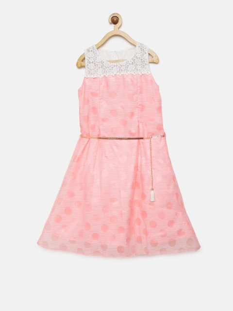 

Peppermint Girls Peach-Coloured Self-Design Fit and Flare Dress