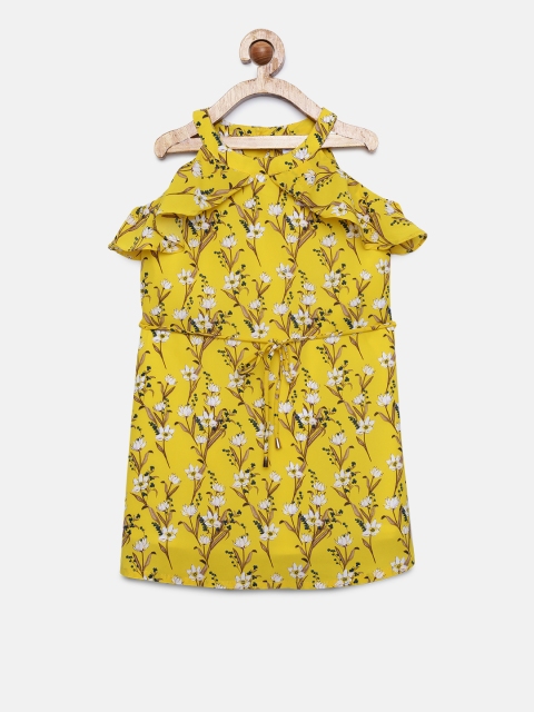 

Peppermint Girls Mustard Yellow RETRO FUSION Printed A-Line Dress