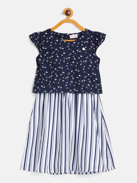 

Peppermint Girls Navy Blue & White Layered Printed Fit & Flare Dress