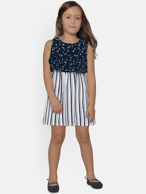 

Peppermint Girls Navy Blue Printed & Striped Layered A-Line Dress
