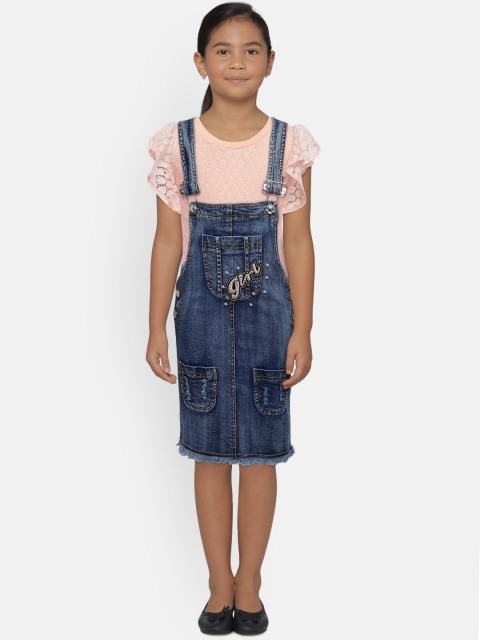 

Peppermint Girls Blue Solid Denim Dungarees with Top
