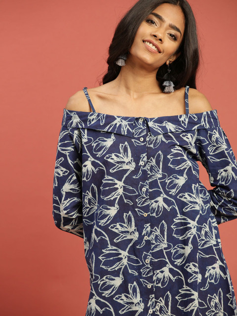 

Taavi Women Blue Indigo A-Line Off-Shoulder Sustainable Dress